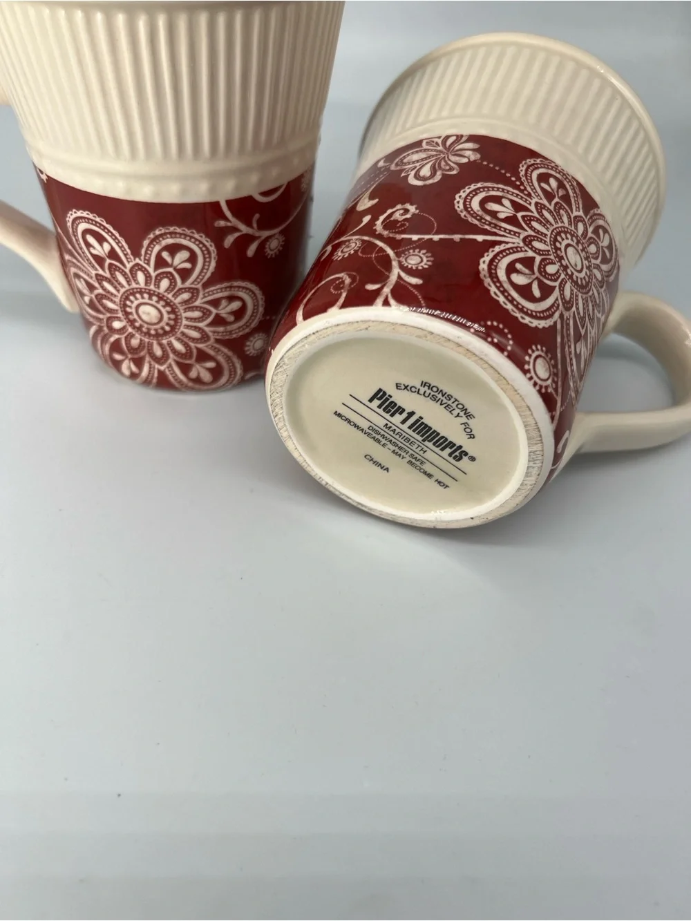 Pier 1 Imports vintage Cream and Red Floral holiday Ceramic Mugs - Set of 2